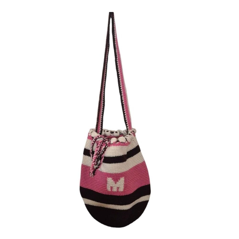 Handmade Y2K Pink Brown White Striped Crochet Initial "M" Bucket Bag